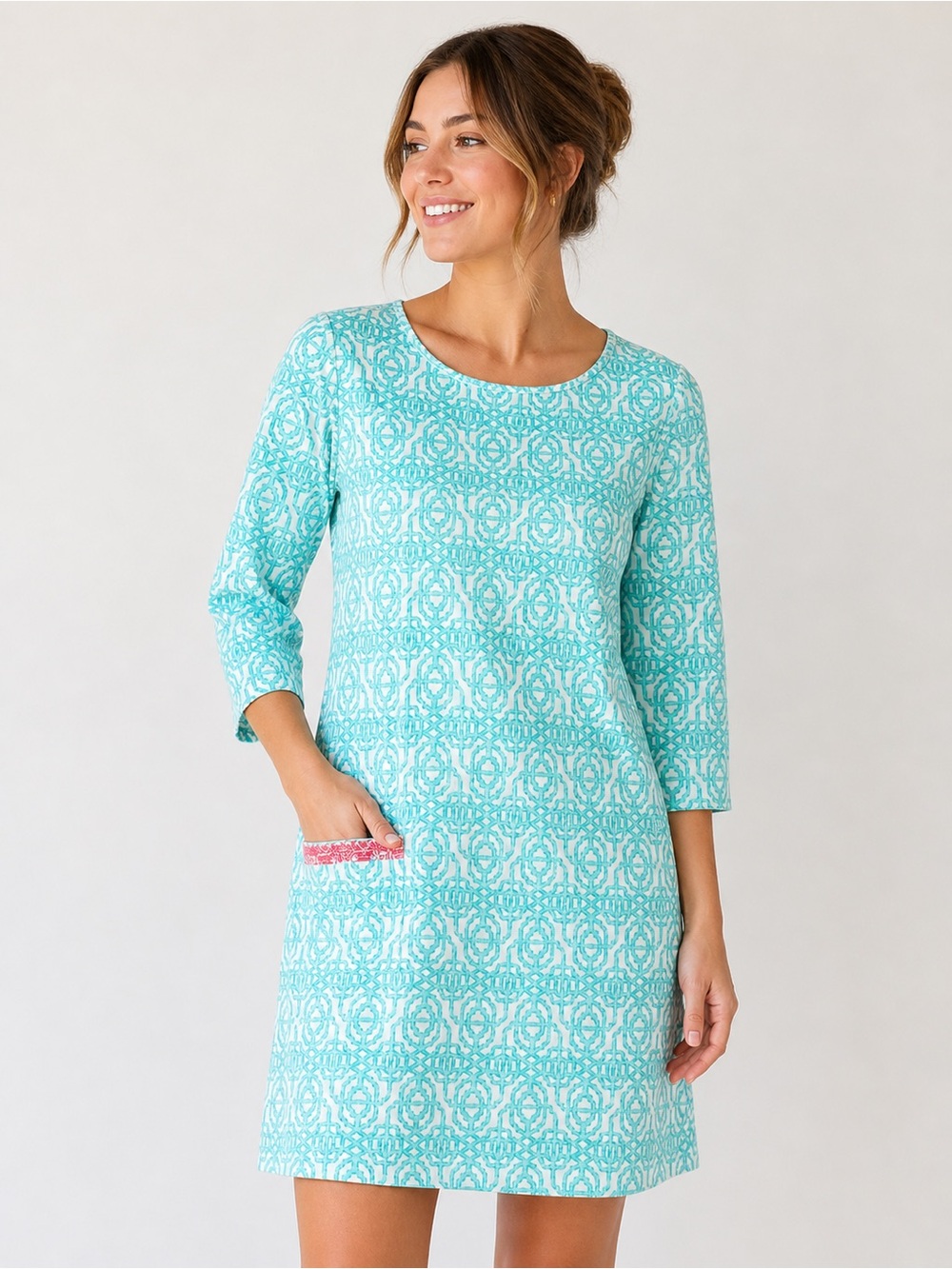 Cabana Life Seaside Geometric Shift Dress UPF 50+ Pocket 3/4 Sleeve Resort M